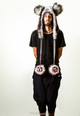 Grey fur, grey lining, large mickey ears/cat eyes, backwards scary red fur grin